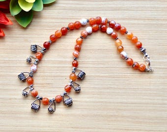 Orange Agate Gemstone Statement Necklace with Silver Dangles - Handmade Boho Jewelry