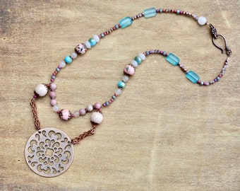 Copper Pendant Necklace: Rose Quartz & Czech Glass Beaded Jewelry