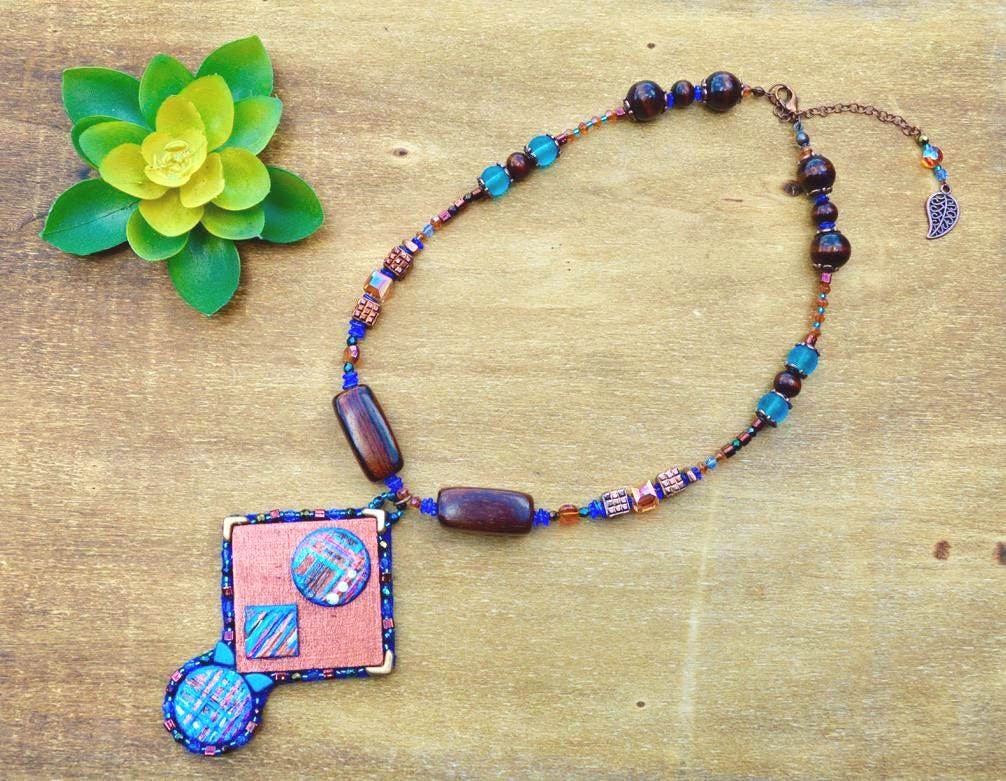 Hand Painted Geometric Wearable Art Abstract Beaded Boho Pendant ...