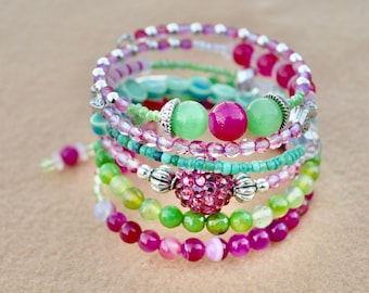 pink and green multi gemstone beaded memory wire wrap bracelet - gifts for her - bohemian jewelry - gift for mom - handmade jewelry