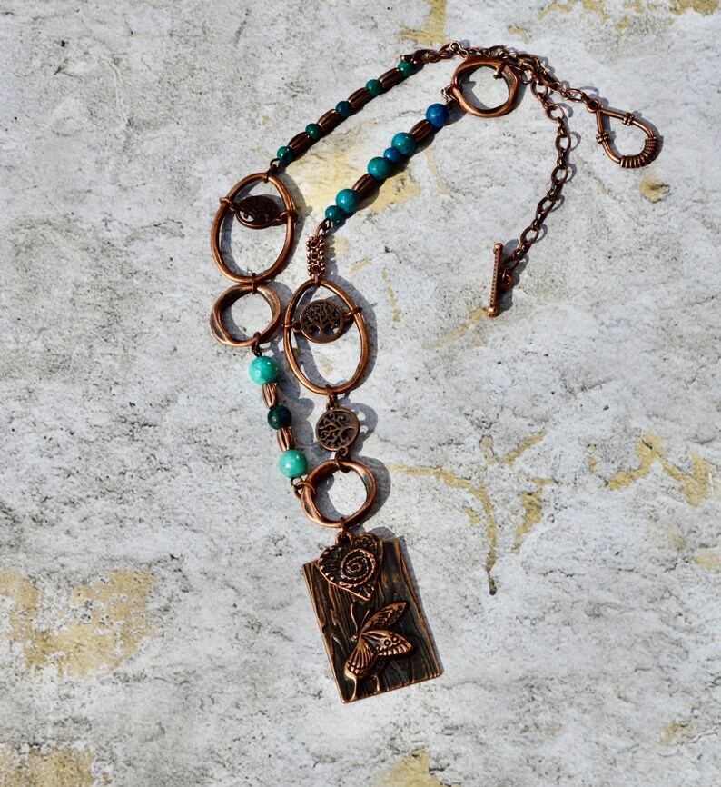 Dragonfly Tree Of Life Copper Turquoise Beaded Bohemian Chunky Necklace/Art/Rustic Chunky Eclectic Copper and Turquoise Jewelry/Gift For Her image 6