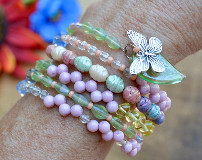 Butterfly Beaded Pastel Wrap Boho Bracelet - Gift For Her - Bohemian Jewelry - Wife Gift - Handmade Jewelry - Jewelry Gift
