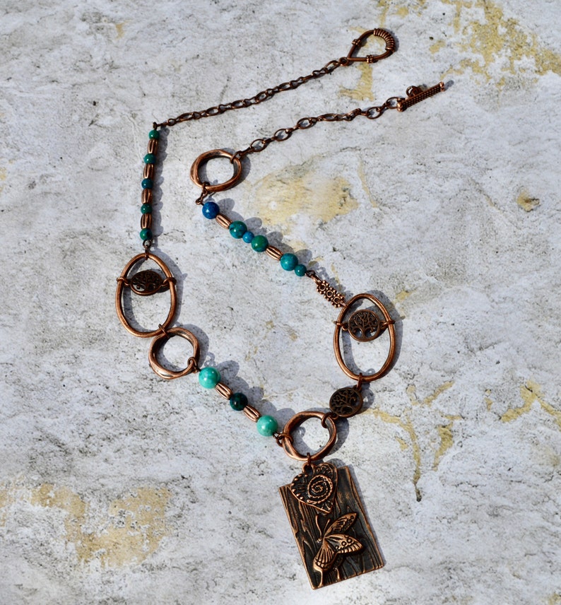 Dragonfly Tree Of Life Copper Turquoise Beaded Bohemian Chunky Necklace/Art/Rustic Chunky Eclectic Copper and Turquoise Jewelry/Gift For Her image 9