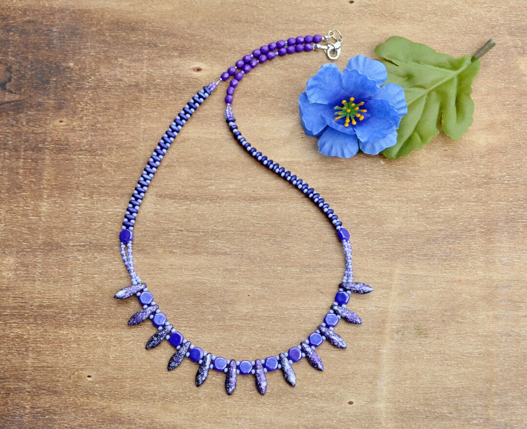 Beaded Necklace / Purple Beaded Dagger Necklace / Summer Jewelry / Statement Necklace / Handmade