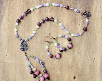 Amethyst Jewelry Set: Copper Necklace, Quartz Earrings, Boho Floral Jewelry