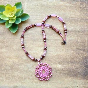 Hand Sewn Pink Flower Pendant Necklace: Beaded Boho Czech Glass
