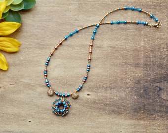 turquoise and gold seed bead hand sewn bohemian necklace - gift for her - beaded necklace - handmade jewelry - gift for mom - unique jewelry
