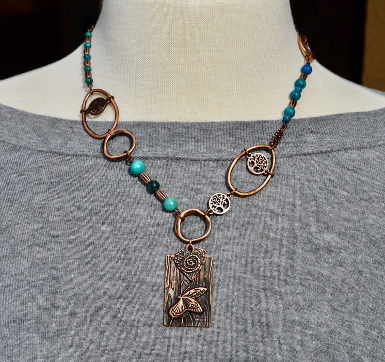 Dragonfly Tree Of Life Copper Turquoise Beaded Bohemian Chunky Necklace/Art/Rustic Chunky Eclectic Copper and Turquoise Jewelry/Gift For Her image 7