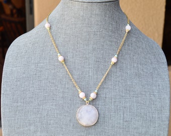 Rose Quartz Gemstone Beaded Necklace - Gold Chain Crystal Jewelry