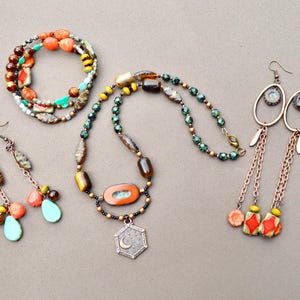Sun & Moon Beaded Jewelry Set: Jasper Pendant Necklace, Boho Bracelet, Dangle Earrings