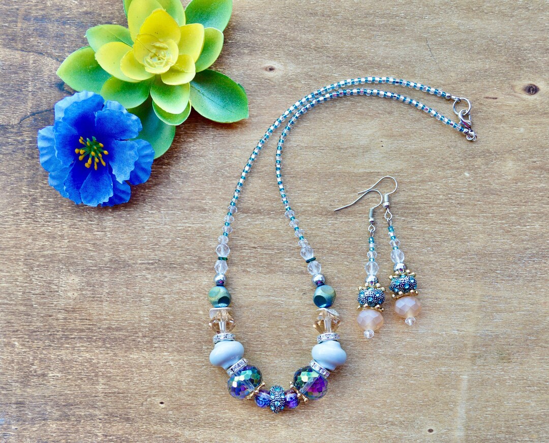 Crystal Blue Beaded Jewelry Set / Beaded Earrings / Dangle Etsy