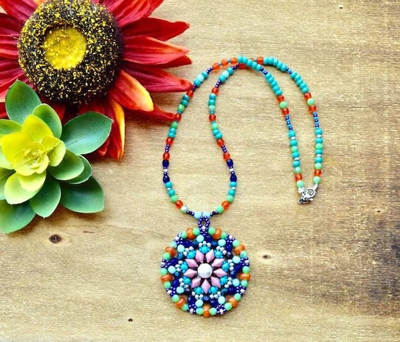 Handmade Seed Bead Boho Necklace: Colorful Statement Pendant UK