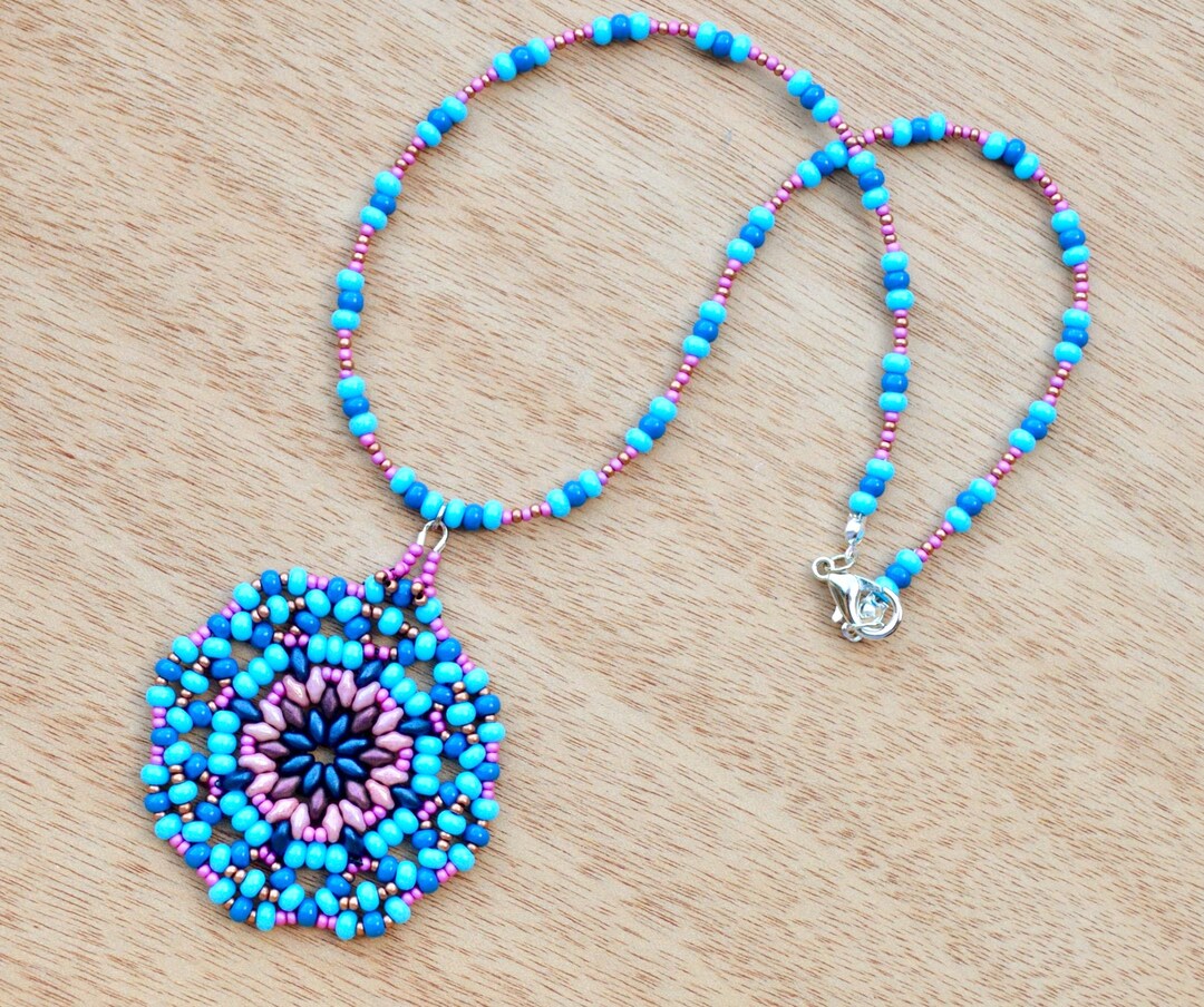 Beaded Pendant Necklace With Turquoise Blue and Copper Seed Beads ...