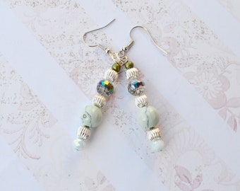 earrings - beaded earrings - gifts for her- gemstone earrings - handmade jewelry -  dangle earrings - green agate - silver earrings