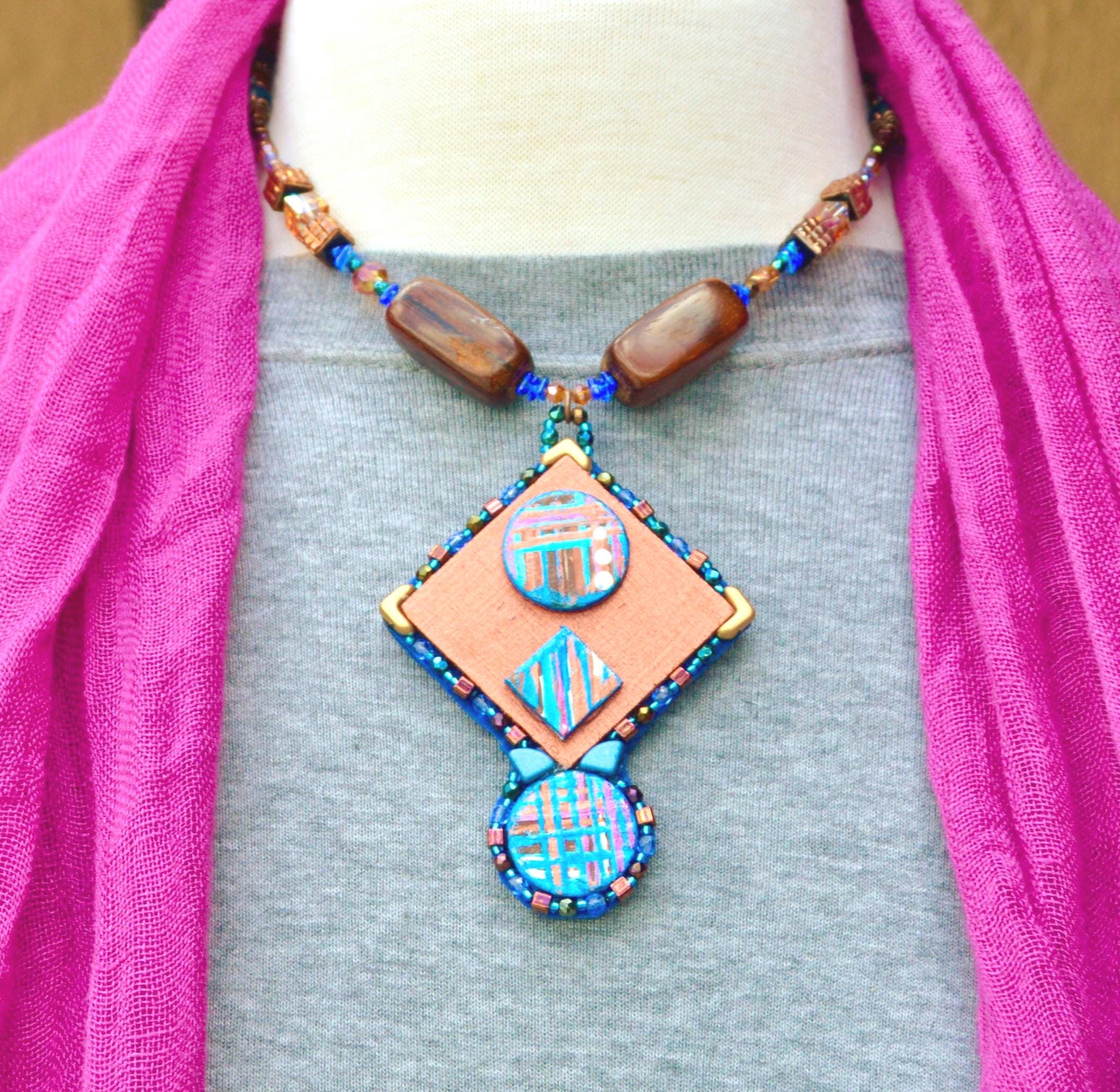 Hand Painted Geometric Wearable Art Abstract Beaded Boho Pendant ...