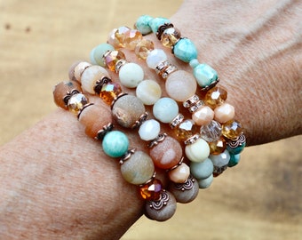 Amazonite & Frosted Agate Crystal Copper Beaded Stretch Bracelets - Set of 5 - Bohemian Gemstone Bracelet Bundle - Gift For Her