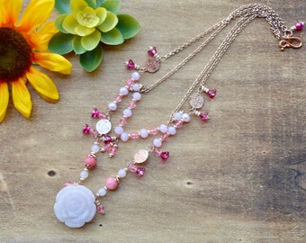 pink beaded necklace / gift for her / statement necklace / birthday gift / shabby chic / handmade jewelry / rose quartz necklace pendant