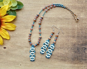 Turquoise Blue Seed Bead Flower Boho Jewelry Set - Necklace and Earrings - Gift For Mom - Handmade Jewelry - Unique Gift For Her