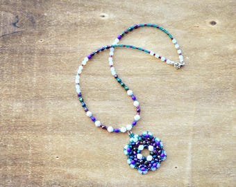 Handmade Beaded Pendant Choker Necklace: Purple Teal Crystal Bohemian Jewelry
