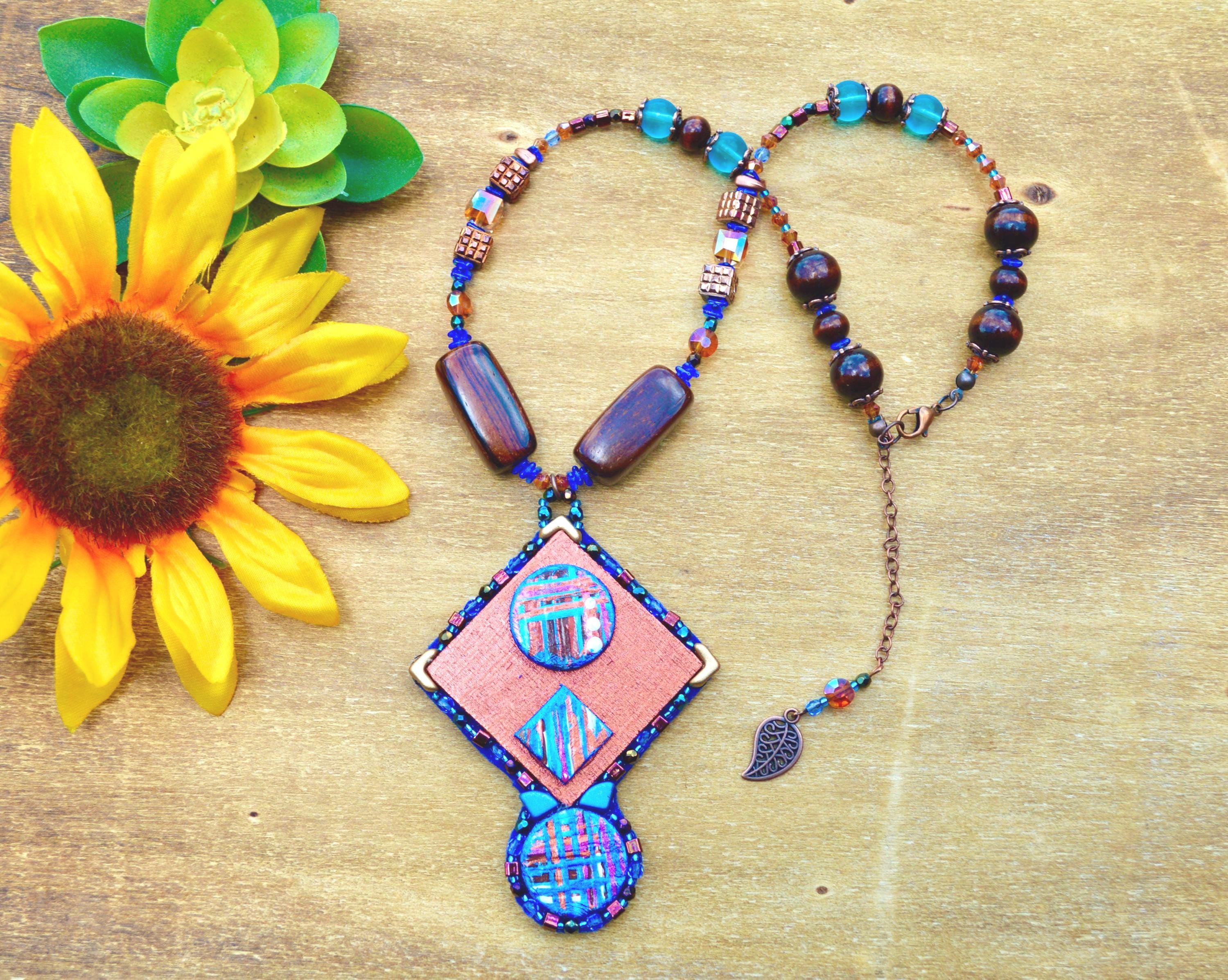Hand Painted Geometric Wearable Art Abstract Beaded Boho Pendant ...