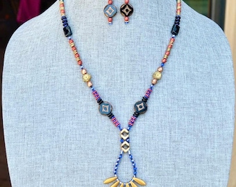 Vibrant Red Blue Black Handmade Necklace and Earrings Statement Jewelry Set - Wearable Art Jewelry