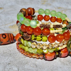Carnelian Agate Beaded Memory Wire Wrap Bracelet with Lotus Charm