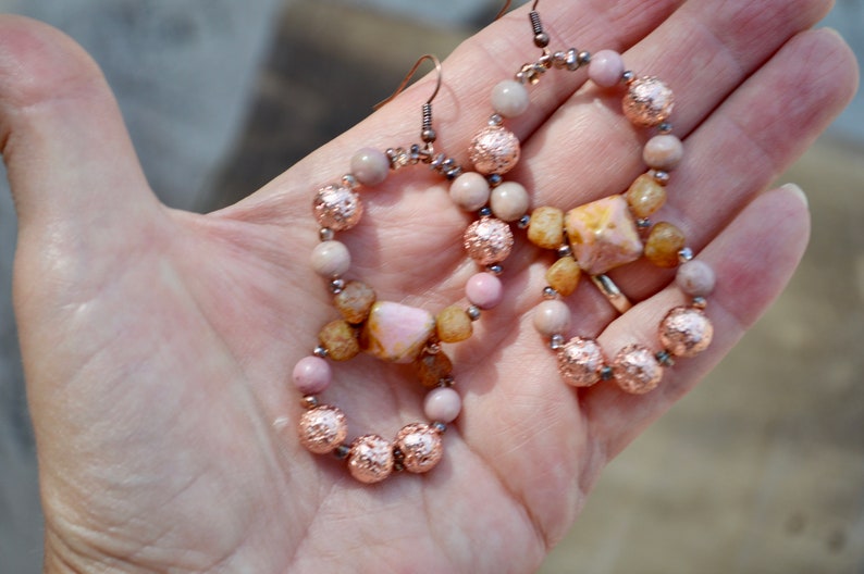 rhodonite gemstone beaded double hoop earrings / bohemian image 2