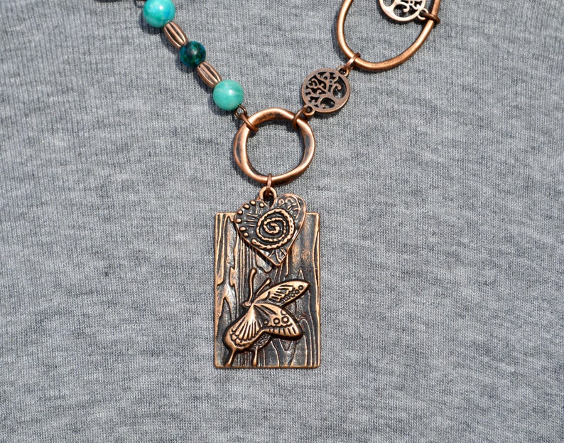 Dragonfly Tree Of Life Copper Turquoise Beaded Bohemian Chunky Necklace/Art/Rustic Chunky Eclectic Copper and Turquoise Jewelry/Gift For Her image 8