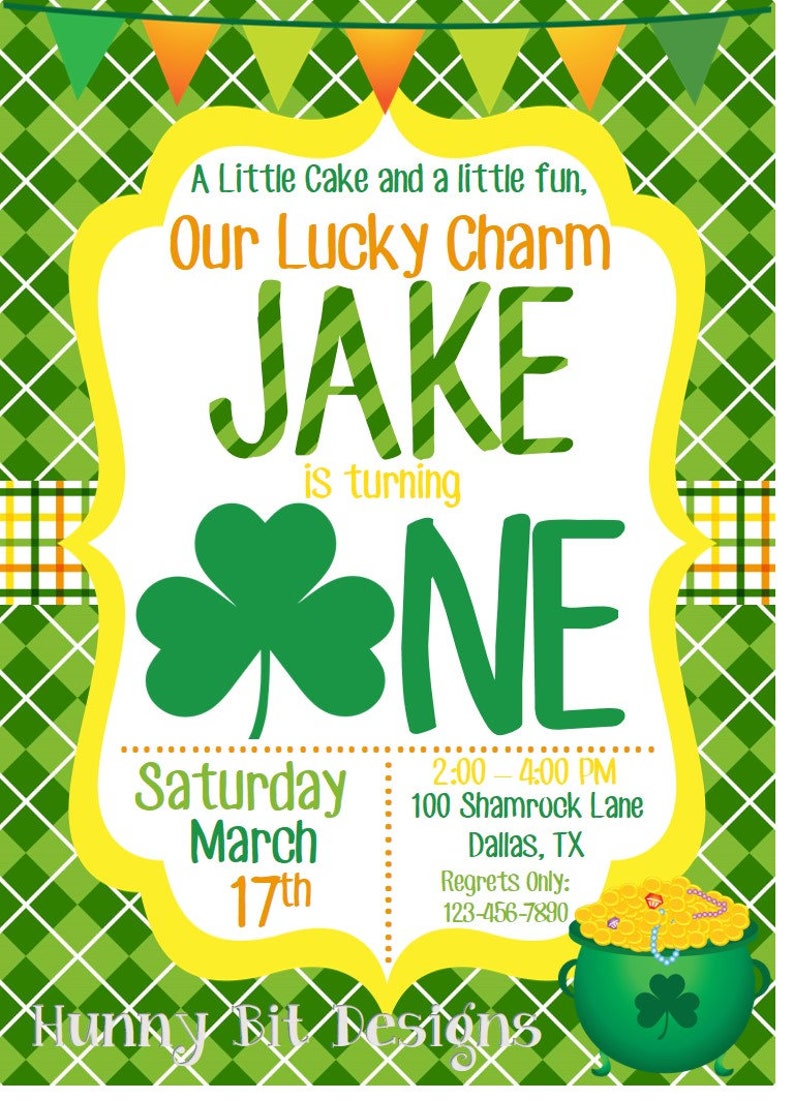 Shamrock Invite, Lucky Charm Invite, 1st Birthday, First Birthday, St. Patrick's Day Invitation, Shamrock Invitation, Plaid image 2