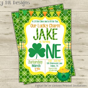 Shamrock Invite, Lucky Charm Invite, 1st Birthday, First Birthday, St. Patrick's Day Invitation, Shamrock Invitation, Plaid image 1