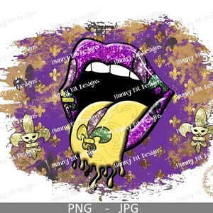 May include: Purple and gold glitter lips with a yellow dripping design. The lips are set against a purple and gold background with fleur-de-lis patterns.
