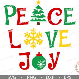 May include: A green, red, and yellow graphic design with the words "Peace Love Joy" and a Christmas tree and ornament.