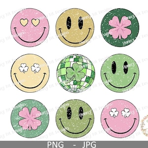 May include: A collection of nine smiley face designs with a retro aesthetic. The faces are in various colors, including pink, green, and tan, and feature heart eyes, shamrocks, and a disco ball design. The image has a distressed, vintage look.