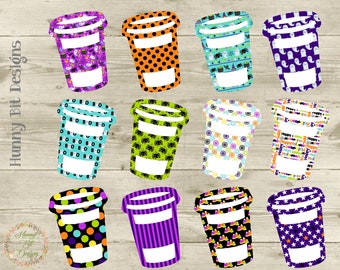 Halloween Coffee Cups Clipart, Coffee Cups Tags, Halloween Coffee, Gift Tags, Teacher Gifts, Coffee Clipart, Coffee Tags, Party Favors