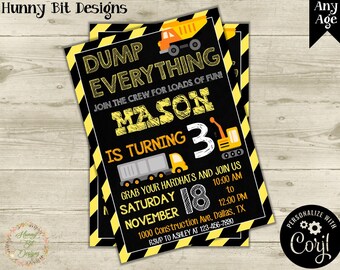 Construction Birthday Party Invitation, Dump Truck Invitation, Transportion Invitation, Chalkboard Invitation, Caution Invite, Boy Invite