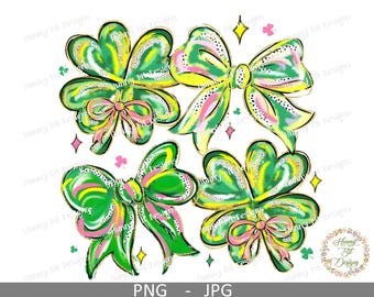 St. Patrick's Day Shamrocks and Bows: Brush Stroke Design PNG JPG (Instant Download)