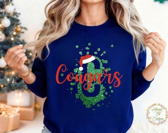Christmas Glitter Cougars: Christmas Santa, School Spirit (PNG, JPG, Instant Download)