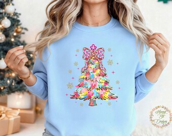 Whimsical Christmas Tree Pink Leopard Bow: Brush Strokes Christmas Design (PNG, JPG, Instant Download)