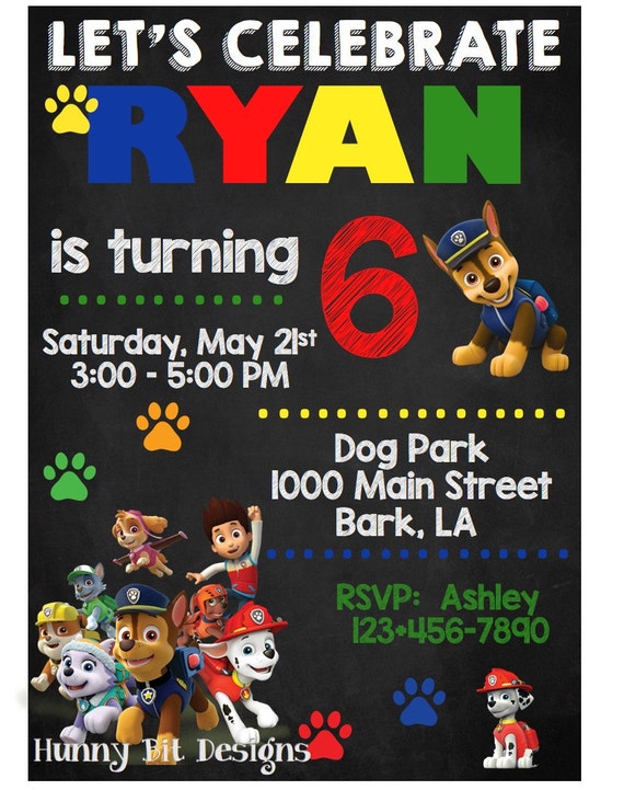 Paw Patrol Birthday Invitation Chase Marshall Ryder Rubble Skye Rocky Zuma Rescue Pups By Hunny Bit Designs Catch My Party