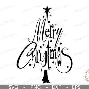 May include: A black and white Christmas tree design featuring the words "Merry Christmas" in a decorative font. The tree is embellished with stars and dots, suitable for festive projects.
