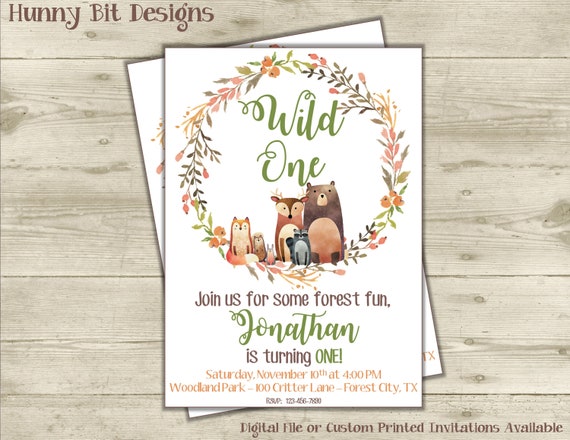 Wild One Birthday Invitation, Woodland Animals Invitation, Deer, Bear, Raccoon, Squirrel, 1st Birthday, First Birthday, Green Ivy Il_570xn