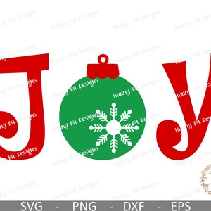 May include: Red and green Christmas JOY design with a stylized ornament in the center. The ornament has a white snowflake inside.