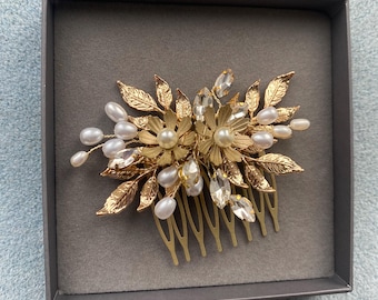 Eva Handmade Wedding Hair Comb, Gold Leaves, Pearl, Crystal