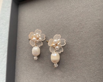 Floral Pearl Bridal Earrings, Handmade Wedding Jewelry