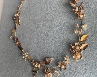 Maeve handmade wedding Hairvine, hair vine, pearl and crystal gold leaves hairpiece