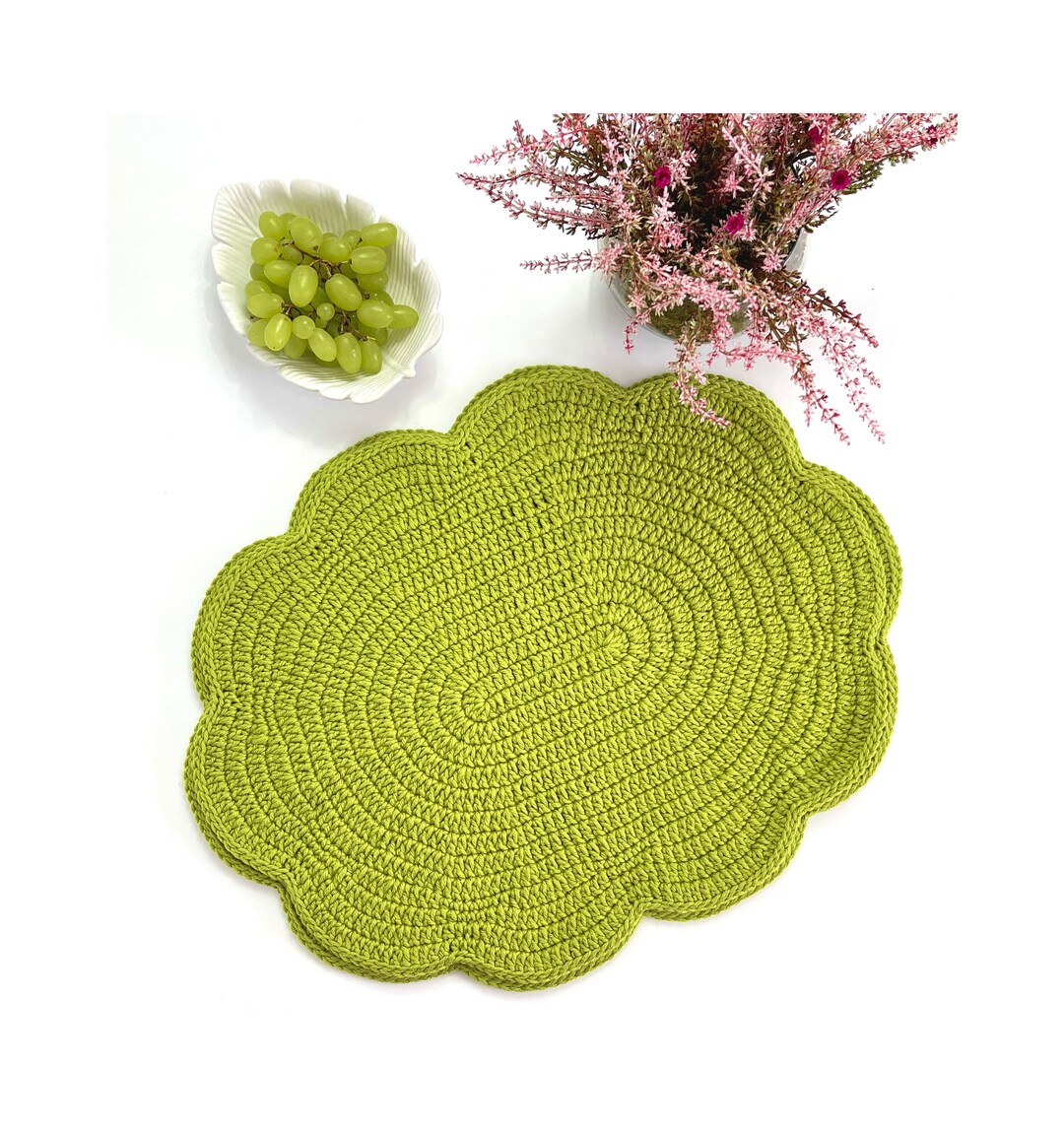 Crochet Oval Placemat, Green, White, Red, Yellow Place Mat, Handmade