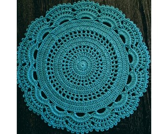 Tovaglietta all'uncinetto in cotone blu: decorazione da tavolo rotonda fatta a mano (16 pollici)