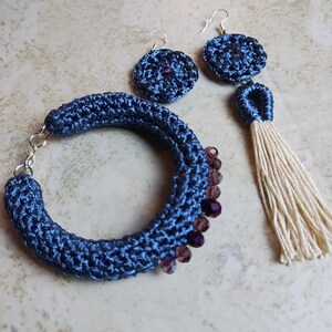 Handmade Crochet Jewelry Set: Blue Bracelet and Dangle Earrings