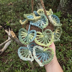 Crocheted Hanging Plant Pot, Big Heart Leaves, Realistic Colors, Home Decor