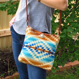 Wool & Leather Cross body Bag  &quot;Pagosa Springs&quot; pattern Leather adjustable shoulder strap, Concho snap closure Pigskin leather lining